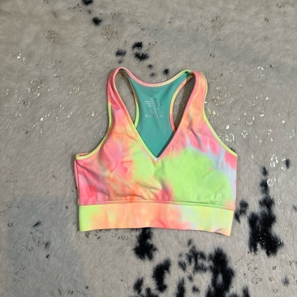 Zenana Women’s Pink and Neon Yellow Tie Dye Razor Back Activewear Sports Bra